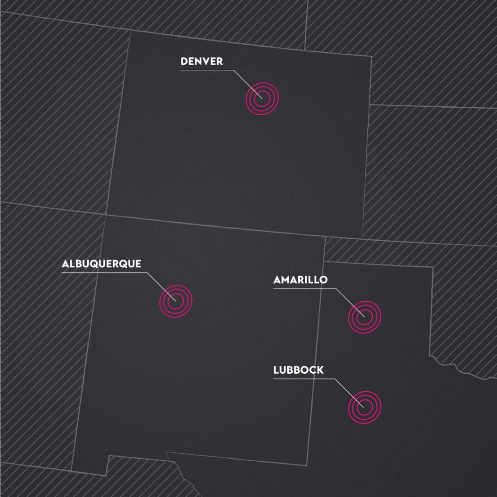 map with griffinwink locations marked in denver, Albuquerque, amarillo, lubbock